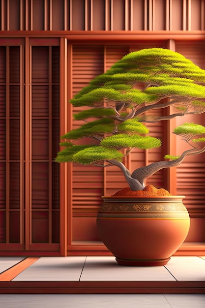 3D vaso di argilla in camera vuota con albero sul pavimento di granito alla luce del sole dalla finestra su tradizionale giapponese l