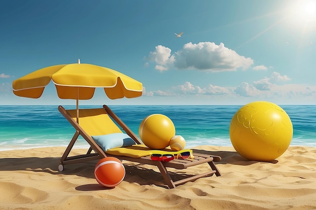 3d Vector Beach sedia gialla ombrello giallo e palla vacanza estiva tempo per viaggiare concetto Eps 10