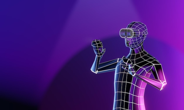 3d Virtual human wear VR headset posa touch effetto wireframe Rendering di illustrazioni 3D