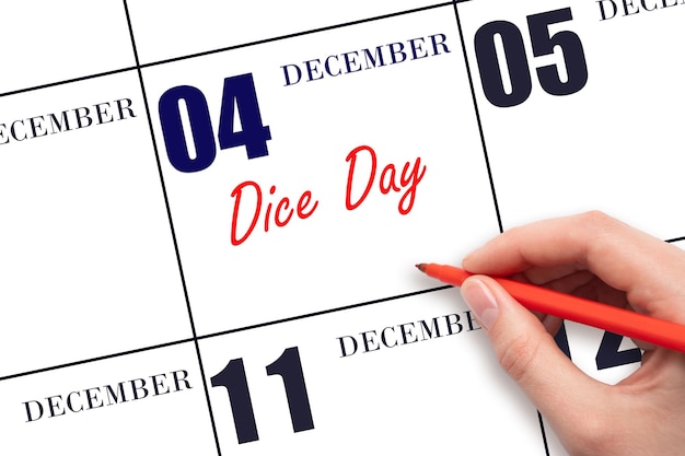 4 dicembre Testo di scrittura a mano Dice Day alla data del calendario Salva la data