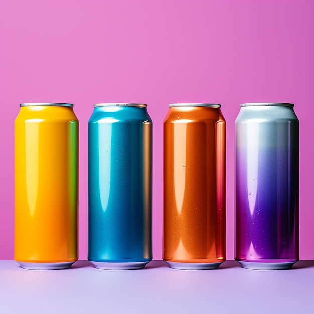 4 lattine alte di birra non contrassegnata in diversi colori brillanti sullo sfondo