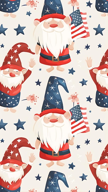 4 luglio Gnome patriottico Giorno dell'Indipendenza Cuccioli gnomi a disegno senza cuciture fuochi d'artificio