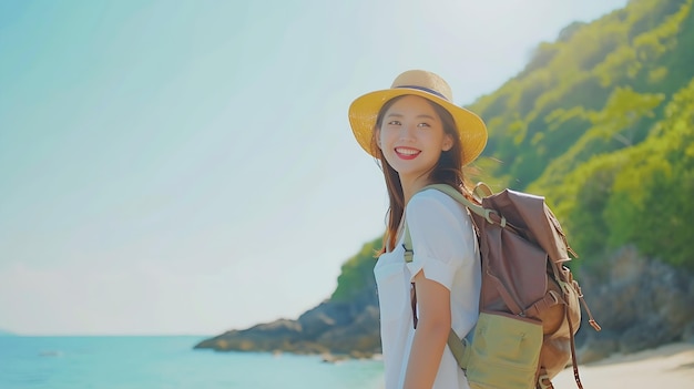 4K giovane bellissima donna asiatica con zaino viaggio da sola su un'isola tropicale montagna AI generativa