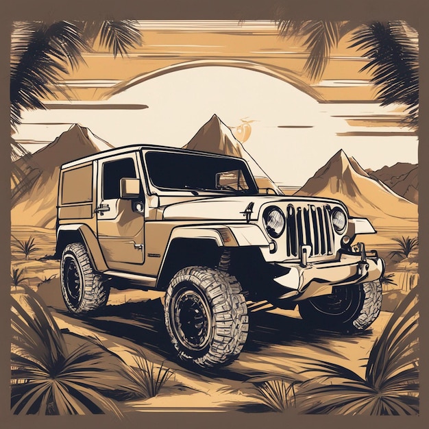 4x4 fuoristrada Tshirt Design logo classico dettaglio vettore 4k jeep Palme