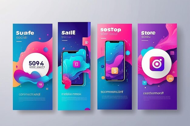 5 di social media Instagram Networks et Stories Banner di vendita Sfondio App mobile Poster Flyer Coupon Gift Card