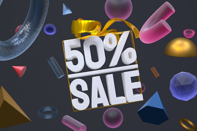 50% di vendita con fiocco e nastro 3d design su sfondo di geometria astratta