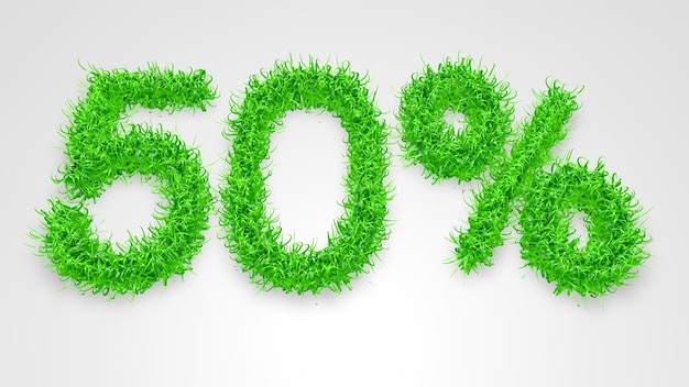 50 per cento scritto con erba verde 3D su sfondo bianco Concetto illustrazione