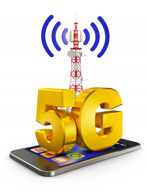 5G sullo smartphone e una torre di comunicazione. Rendering 3D.