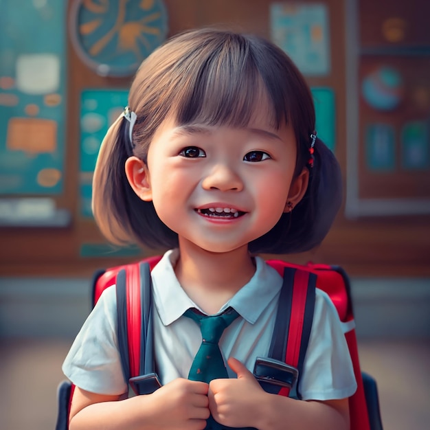 6 una bambina asiatica sorridente e che porta una borsa da scuola il testo renderizzato in 3D dice Inizio scuola