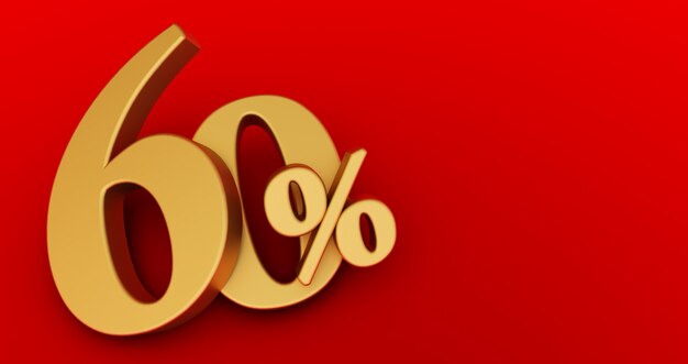 60% di sconto. Oro sessanta per cento. oro sessanta per cento su sfondo rosso. Rendering 3D.