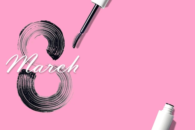 8 marzo, Giornata internazionale della donna, scherma di mascara a forma di figura otto, poster di minimalismo creativo sullo sfondo rosa.