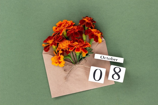 8 ottobre Bouquet di fiori d'arancio in busta artigianale e data di calendario su sfondo verde Concetto minimo Ciao caduta Modello per il tuo biglietto di auguri di design