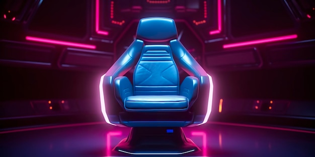 80s ispirato alla sedia del capitano di Star Trek con luci al neon e sfondo interno della cabina di pilotaggio AI Generative