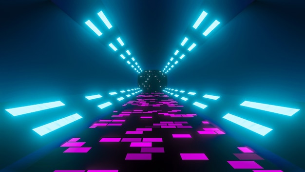 80s retro tecnologia astratta sfondo blu tunnel luce. Futuristico con linea luminosa. Corridoio rendering 3d del banner.