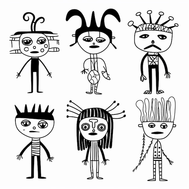 A 6 bambole malvagie per bambini diverse se disegnate a mano combinando lo sfondo bianco