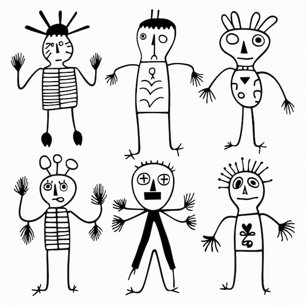 A 6 bambole malvagie per bambini diverse se disegnate a mano combinando lo sfondo bianco