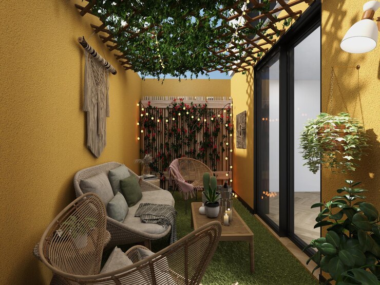 Photo a balcony with a canopy and wicker chairs
