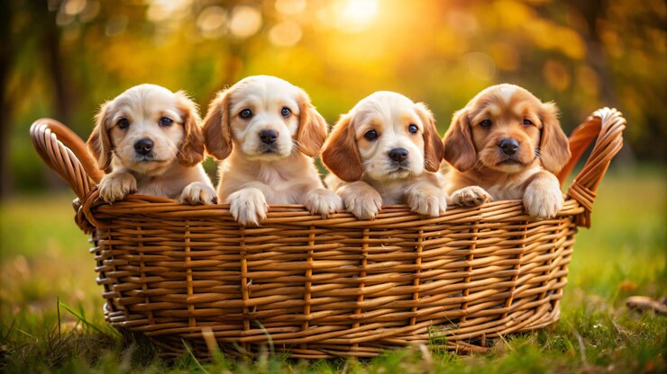 A basket of Cute and innocent puppies