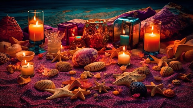 a_beach_scene_with_candles_pillows_stars_and_sea_shells