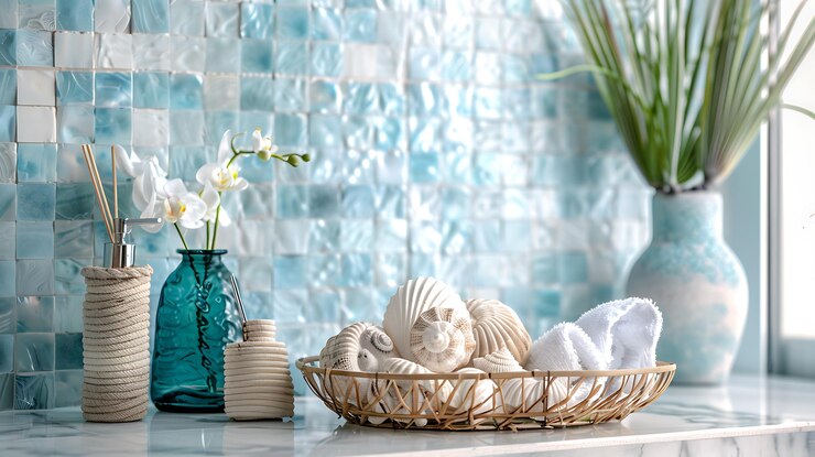 A beautiful bathroom with blue mosaic tiles and a white marble counter
