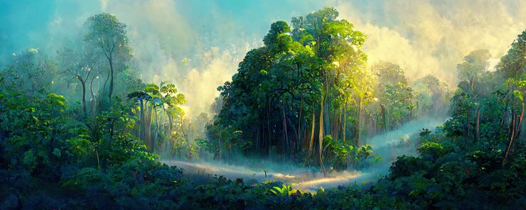 A beautiful fairytale rainforest on a summer morning with sunbeams Digital Painting Background Illustration