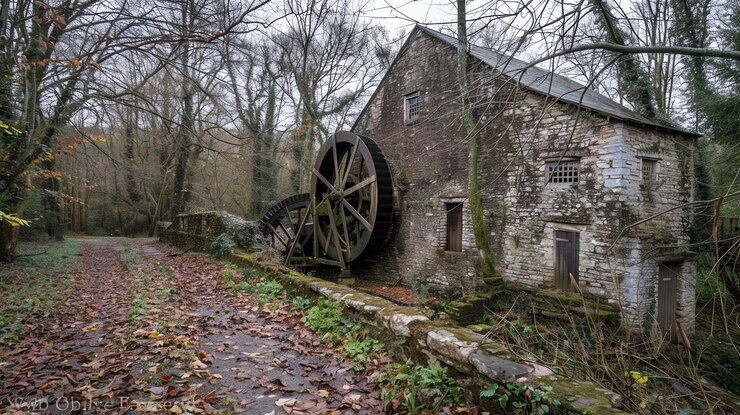 Photo a beautiful old watermill nestled in a quiet forest the mill is made of stone and has a large wooden water wheel