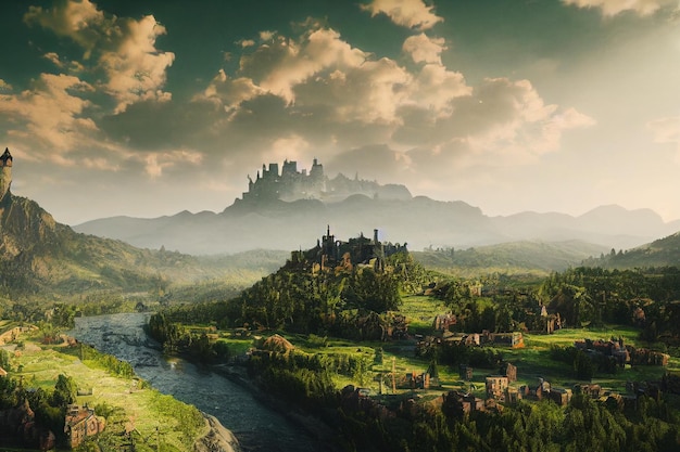 A Beautiful Valley Old Medieval Fantasy Town and Castle Concept Art