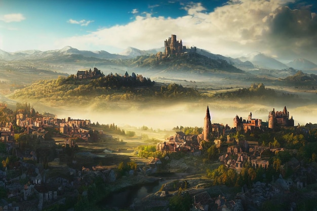 A Beautiful Valley Old Medieval Fantasy Town and Castle Concept Art