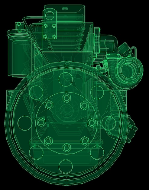 A big diesel engine with the truck depicted in the contour lines on graph paper. The contours of the green line on the black background.