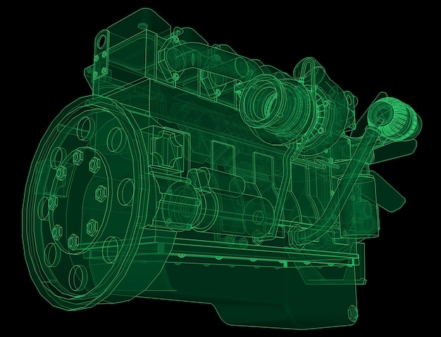 A big diesel engine with the truck depicted in the contour lines on graph paper. The contours of the green line on the black background.