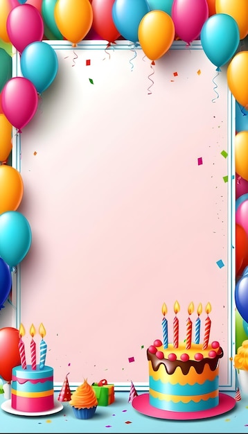 a birthday card with balloons and a pink background with a birthday card in the bottom right corner