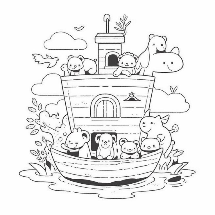 a black and white drawing of a boat with animals on it generative ai