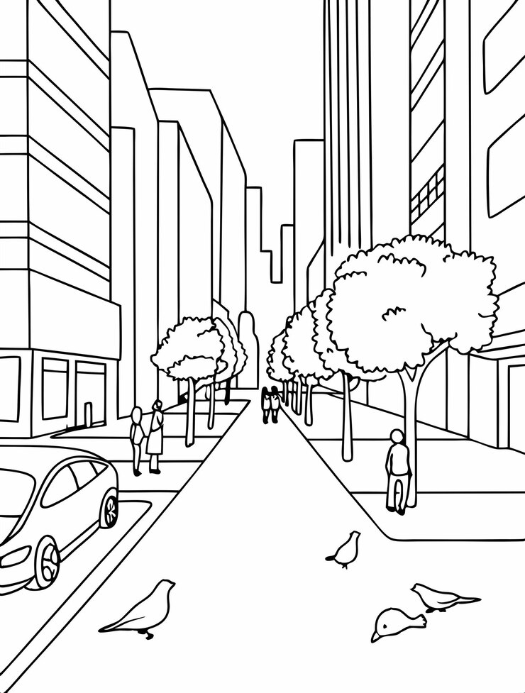 a black and white drawing of a car and a tree on the street
