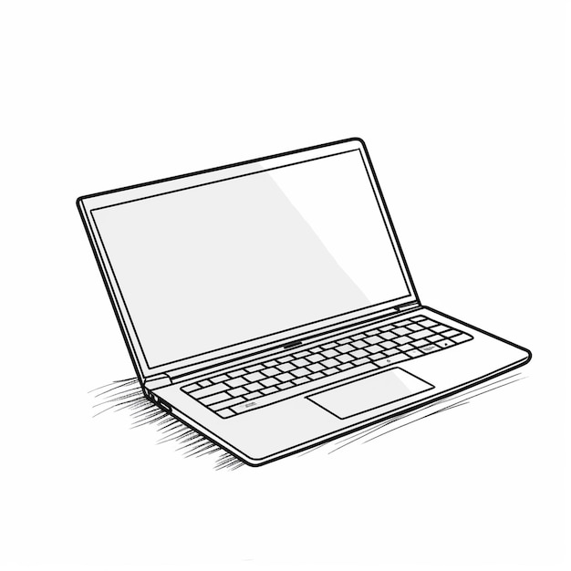 a black and white drawing of a laptop with a white background