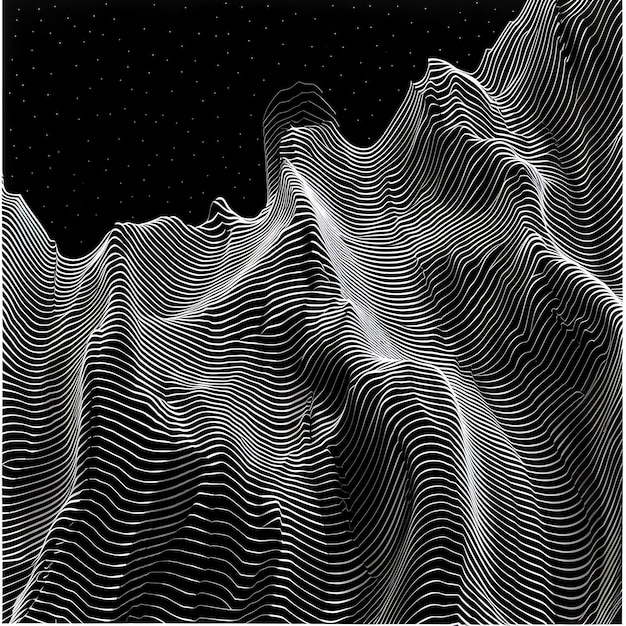 a black and white image of a wave with a star in the background