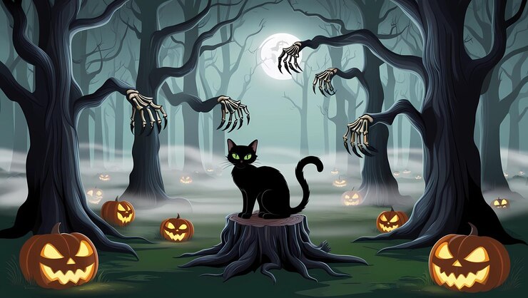 a black cat sits on a stump in a forest with pumpkins