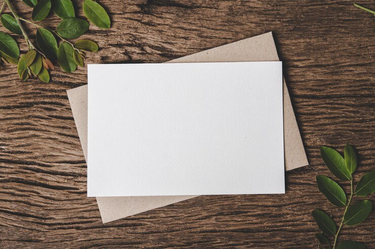 A blank card is placed on envelope and leaf with wood background
