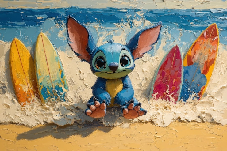 A blue cartoon character with large ears sits on a beach with three surfboards behind it