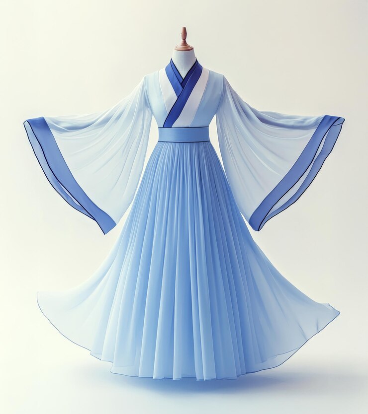 a blue dress with a white and blue skirt with a white and blue ribbon