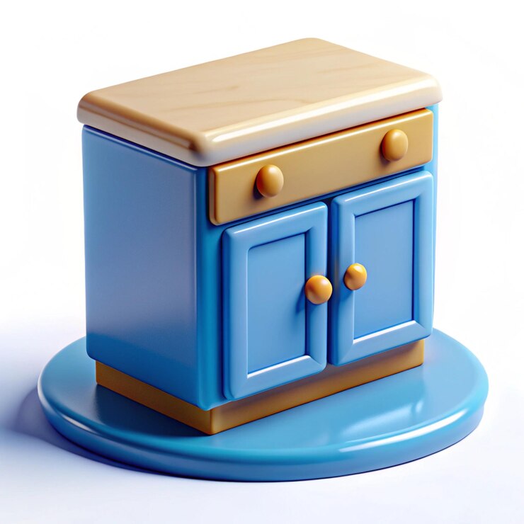 a blue kitchen stove with a yellow knob and a blue top