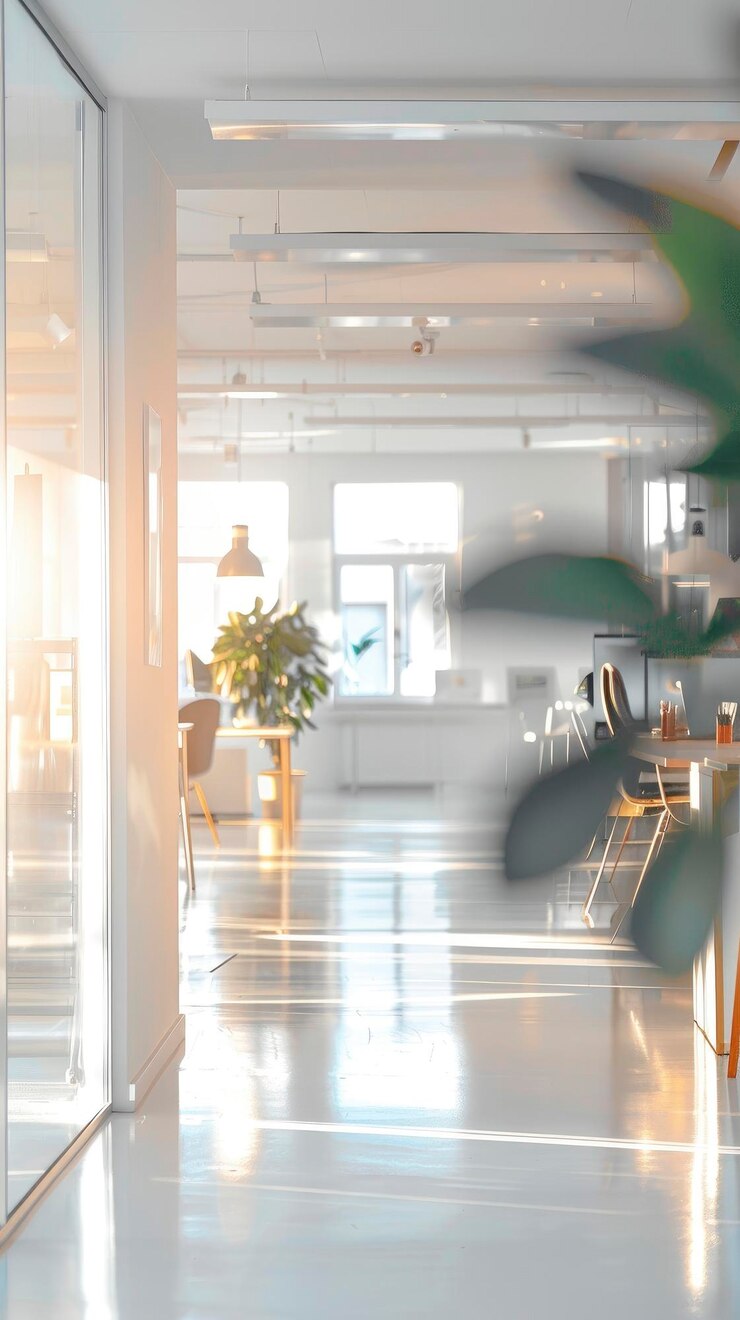 A blurry photo of a modern bright office space with no people in it