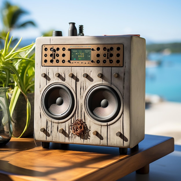 a_bookshelf_speaker_made_of_concrete_with_a_driftwood_fr