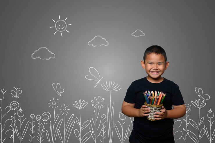 A boy with a pencil drawing a dream background