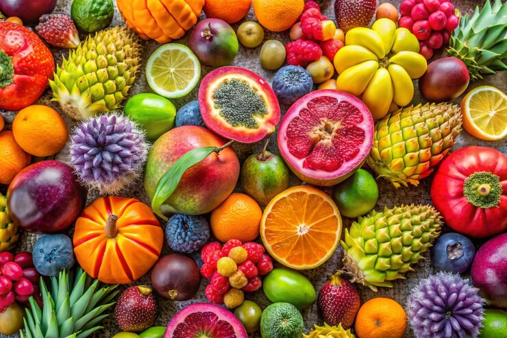 a bunch of different fruits including one that has a green leaf