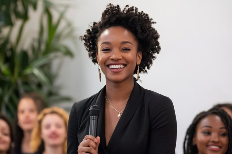 A business leader with a joyful expression giving