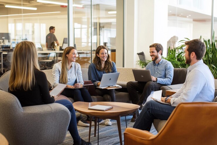 A business team sharing a lighthearted conversatio