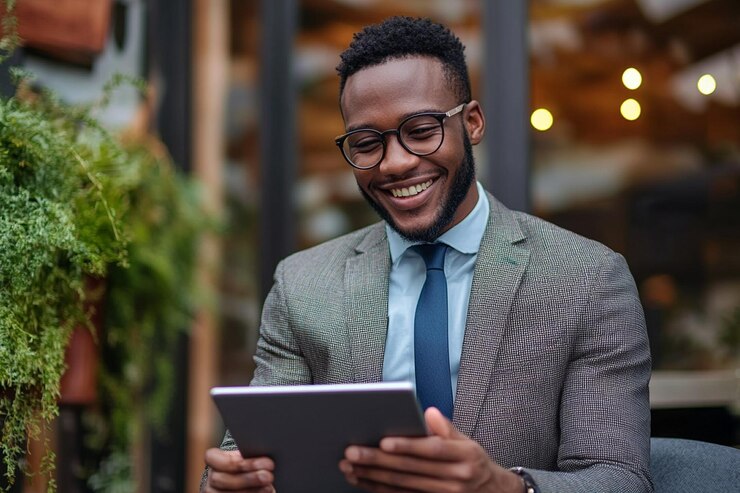 A businessman smiling while typing on a tablet ar