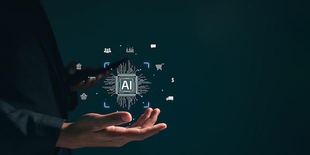 a businessman uses online customer data exchange and analysis with a chat bot Artificial intelligence and CRM software technology a customer service centre
