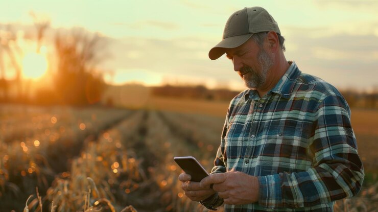 A candid moment of a farmer documenting field observations and recording audio notes on a mobile device