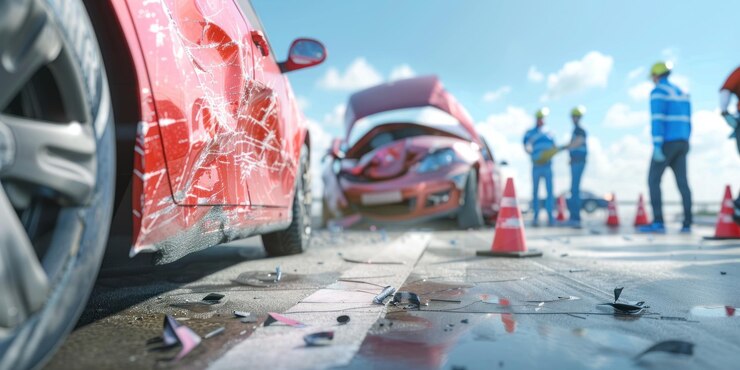 A car accident reconstruction scene with investigators and markings